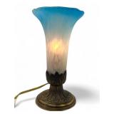 Vtg Trumpet Lamp With Blue & White Shade
