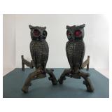 Cast Iron Owl Andirons With Red Glass Eyes