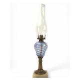 Vtg Latticino Oil Lamp With Marble Slab Base