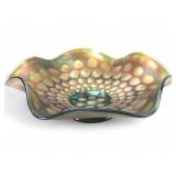 Vtg Fenton Carnival Glass Aqua Coin Dot Bowl