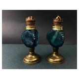 Antique Blue Glass & Brass Oil Lamps