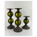 3 Green Glass & Metal Candle Holders