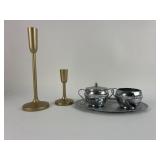 Brass-Like Candlesticks & Silver-Plated Serving Se