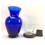 Cobalt Blue Vase & Glass With Wood Stand