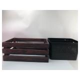 Wood Slat Crate & Black Plastic Basket
