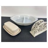 Glasbake Divided Dish, Corning Butter Dish & Metal