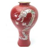 Red Vase With Mother Of Pearl Dragon Inlay