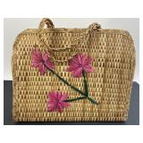 Woven Straw Handbag With Pink Flowers