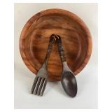 Carved Wooden Tiki Fork Spoon & Bowl Set