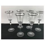 6 Clear Glass Goblets With Silver Trim