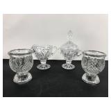 Cut Glass Creamer, Sugar Bowl & Candle Holders