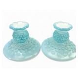 2 Vtg Fenton Style Aqua Blue Opalescent Hobnail Ca
