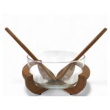 MCM Glass Salad Bowl With Teak Cradle & Utensils