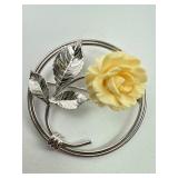 Mid-Century Sterling Brooch W Carved Rose