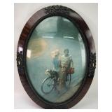 Oval Bubble Glass Framed Artwork w Bicycle Scene