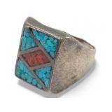 Coral & Turquoise Sterling Silver Ring Size 11