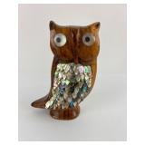 Los Castello Owl Wood Statue W/ Abalone Feathers