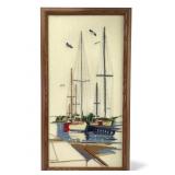 Vtg Crewel Framed Nautical Scene 14 X 26