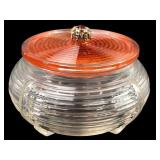 Vtg Art Deco Ribbed Glass Vanity Jar With Red Ston