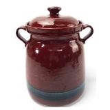 Red Glazed Ceramic Jar With Lid & Handles
