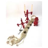 Red Wooden Candleholders & Macrame Wall Hanging