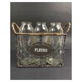 Metal Basket With 3 Glass Fleurs Bottles