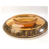 Amber Glass Bowl With Black Floral Detailing