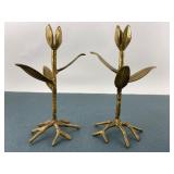 Vintage Brass Flower Candleholders With Verdigris