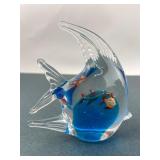Art Glass Fish Paperweight With Blue Accents