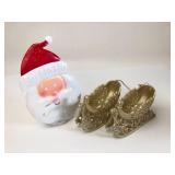 Santa Candle Holder & Gold Sleigh Ornaments