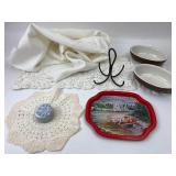 Misc. Linen, Hall Dishes, Tray & Crocheted Items