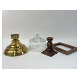 Brass Candlestick, Wood Frame & Cloche