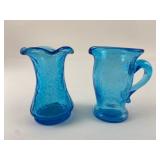 Vintage Aqua Crackle Glass Mini Pitcher & Vase