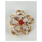 Gold Toned Flower Brooch With Red Stones