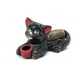 Vintage Ceramic Black Cat Pen and Leather Holder W