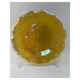 Iridescent Yellow Glass Plate With Leaf Design