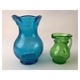 Vintage Blue Crackle Glass Vase & Green Mini Pitch