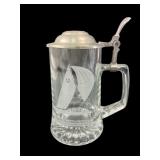 Glass Beer Stein With Pewter Lid & Sailboat Design