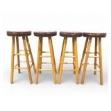 4 Wooden Bar Stools With Brown Seats
