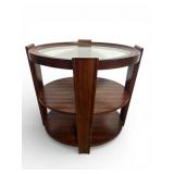 Round Wood Side Table W/ Glass Top