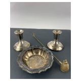 Silver Candlesticks, Bowl & Brass Snuffer Set
