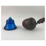 Blue Glass Bell & Metal Acorn Figurine