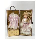 Porcelain Doll With Pink Dress & Wooden Box