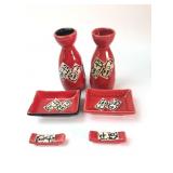 Red Ceramic Sake Set With Japanese Motif