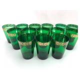14 Green Glass Tumblers With Gold Trim