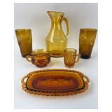 Six Piece Amber Glass Lot Includes Pitcher & Tray