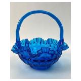 Fenton Colonial Blue Thumbprint Glass Basket
