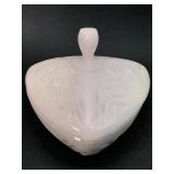 Milk Glass Lidded Dish With Leaf Design