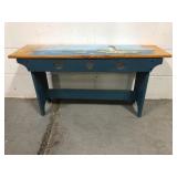 Hand-Painted Blue Wood Bench With Heart Cutouts
