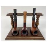 Wood Pipe Stand & 3 Tobacco Pipes